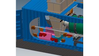 3D-Ansicht einer Anlage mit Seilfördermimik im Vordergrund, Aufnahmestation mit angeschlossenem Trocknungsofen (grün) (Bild: Daltec)