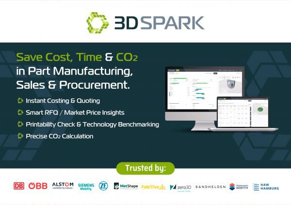 3D Spark - Sustainable and Digital Industrial Manufacturing entwickelt von der 3D Spark GmbH. Ihre Lösung soll die industrielle Fertigung optimieren und die schnellsten, umweltfreundlichsten und kosteneffizientesten Produktionsoptionen identifizieren. (Bild: 3DPC)