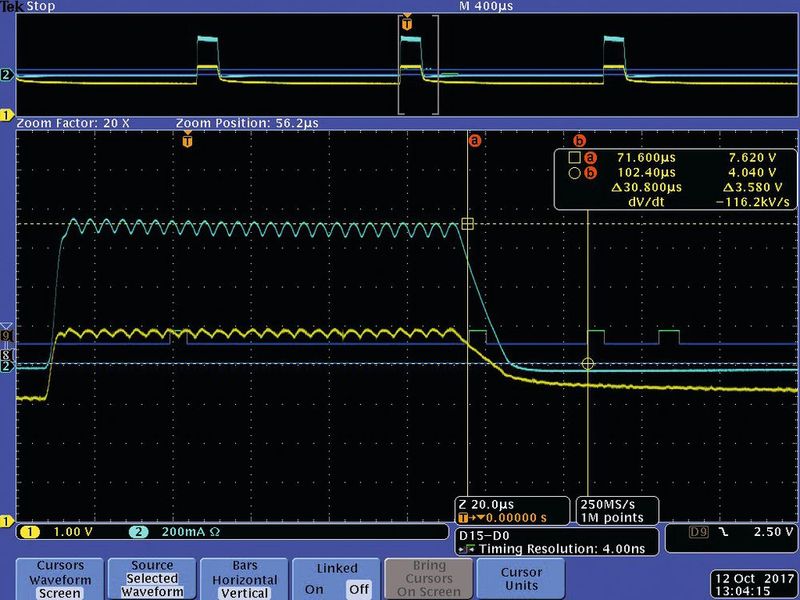 Bild 4:  LED-U- und I-Verlauf mit zeitlich höherer Auflösung zweier LEDs eines Blinkermoduls (Bild: Nucon)