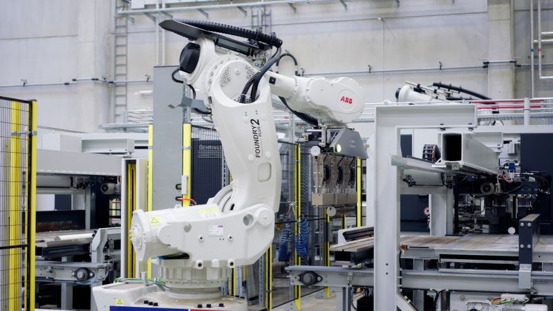 Die Ladezone ist mit einer  zweistufigen Lichtschranke ausgestattet. So kann eine Säge weiterarbeiten, während bei den anderen Paletten getauscht oder Wartungsarbeiten durchgeführt werden.  (Bild: ABB Robotics)