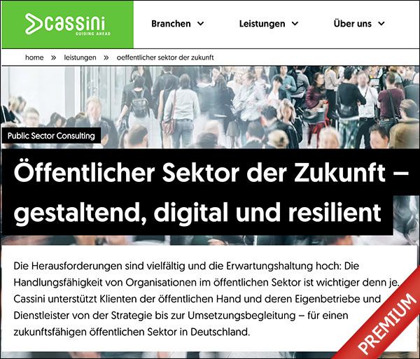 Cassini unterstützt Organisationen im öffentlichen Sektor als kompetenter und erfahrener Partner auf ihrem Weg in die Zukunft. Unsere Expertise deckt die gesamte Wertschöpfungskette ab: Von der Konzeption erfolgreicher Strategien und deren Umsetzung in realisierbare Projekte und Programme, über passgenaue Organisationsberatung bis hin zur fundierten Begleitung der Implementierung flexibler technologischer Lösungen und hochsicherer Infrastrukturen.Weitere Informationen zu Cassini
