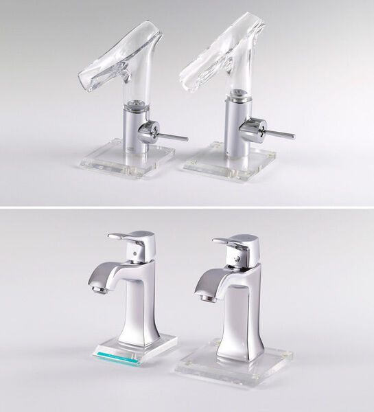 Plagiarius 2017: Waschtischmischer „AXOR Starck V“ (oben) und „Metris Classic“ (unten) Links Originale: Hansgrohe SE, Schiltach, Deutschland Plagiat rechts oben: Taizhou Ranbo Sanitary Ware Co., Ltd., Zhejiang, VR China Plagiat rechts unten: Heshan Khone Sanitary Ware Technology Co., Ltd., Zhejiang, VR China (Aktion Plagiarius e. V.)