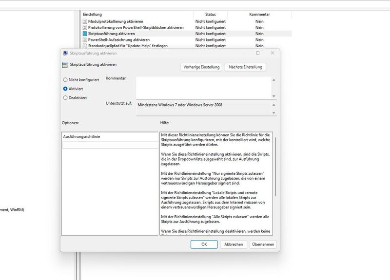 Konfigurieren der Ausführungsrichtlinien für die PowerShell in den Gruppenrichtlinien. (Bild: Joos)