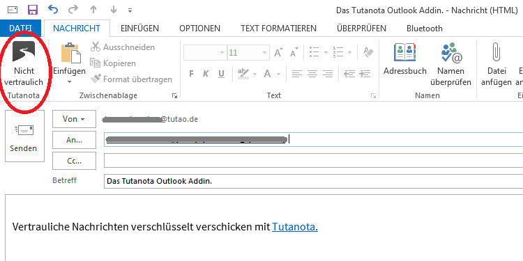Das Outlook-Add-in von Tutanota integriert sich in die gewohnte E-Mail-Umgebung. Beim Verfassen einer E-Mail erscheint oben links der ‚Vertraulich‘-Button. Als Standard kann der vertrauliche Versand eingestellt werden. Wenn dies nicht der Fall ist, ... (Bild: Tutao)