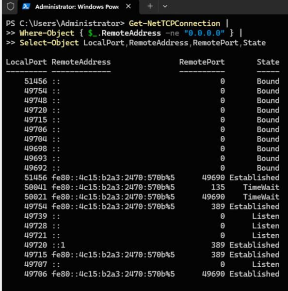 Laufende TCP-Verbindungen inklusive Remote-Adressen und Sitzungsstatus. (Bild: Joos)