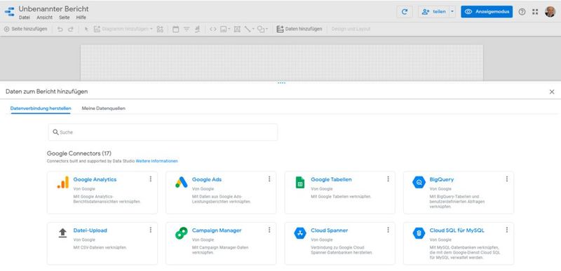 Google Data Studio bietet eine unterschiedliche Datenquellen zur Einbindung an.