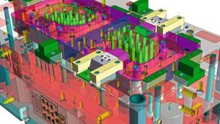 Auswerferseite des Mex Box-Werkzeugs. Behälter und Deckel werden in einem Zyklus spritzgegossen.  (Hochschule Reutlingen)