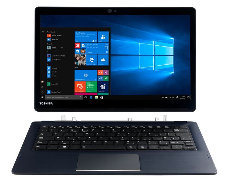 Das Keyboard-Dock im Lieferumfang enthält einen zusätzlichen Akku und die meisten Schnittstellen. Das Scharnier des Docks wird mechanisch mit dem Tablet verbunden. Die elektrische Verbindung erfolgt über USB-C. (Dynabook)