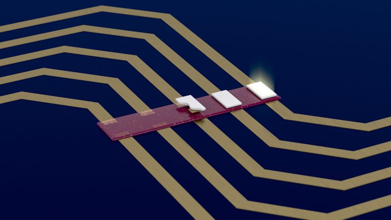 Schematische Darstellung des Integrationsprozesses von Mini-LEDs auf einer Leiterplatte: vor der Platzierung, nach der Platzierung und in Betrieb durch elektrische Anbindung mit Klebstoff.(Bild:  Delo)