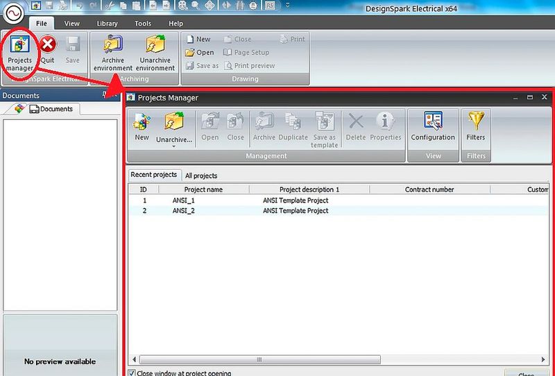 Designspark Electrical: Alle Projekte können im „Projects Manager“ angezeigt werden. Der „Projects Manager“ wird automatisch gestartet, wenn DesignSpark Electrical gestartet wird.  (Bild: RS Components)