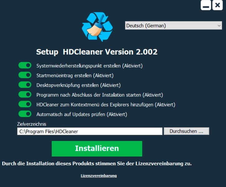 HDCleaner bietet bereits beim Installieren einige Optionen an. (Joos/KurtZimmermann Software (Screenshot))