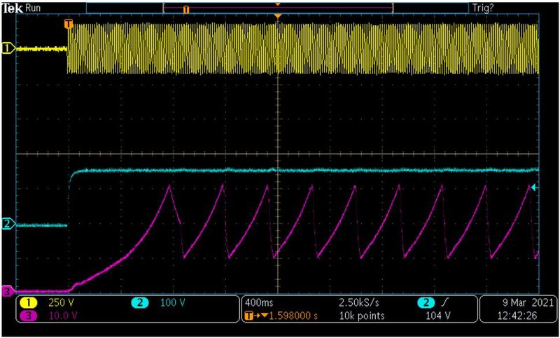 Figure 1: Startup for VIN = 120VACR MS, 60 Hz. Io = 100 mA. Type I compensation. Ch.1 = VIN, Ch.2 = Vo, Ch.3 = VCC