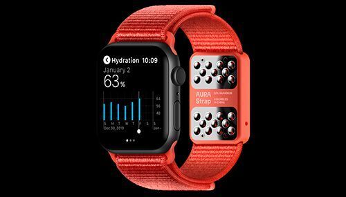 Das AURA-Armband für Apple Watch verbessert alle Funktionen des Geräts zur Überwachung der Gesundheit/Fitness und macht es zum ultimativen Messinstrument für alle, die Sport treiben, eine Diät machen oder einfach nur fit und gesund bleiben wollen. Das neue Armband und die Begleit-App (für Apple Watch und iPhone) ermöglichen das Messen von Körperzusammensetzung (Fett-/Muskelanteil) und Flüssigkeitshaushalt, um den Fitness-/Diätfortschritt zu verfolgen und individuellere Erkenntnisse zur Verbesserung des persönlichen Lebensstils zu erhalten. Die Bioimpedanz als Kerntechnologie erweitert die Gesundheitsfunktionen der Apple Watch. Das AURA-Armband überträgt die Ergebnisse über die Ultraschallschnittstelle an die Uhr.  (Aura)