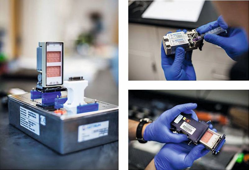 Abb. 3: Neurobox, links: fertig befüllte Kammer im Steckmodul, zu sehen ist das Slide im Inneren, auf dem die Zellen wachsen, rechts oben: Rückseite der Module mit den beiden Tanks, rechts unten: das Modul wird von einer äußeren Hülle geschützt. (Jasper Rais)