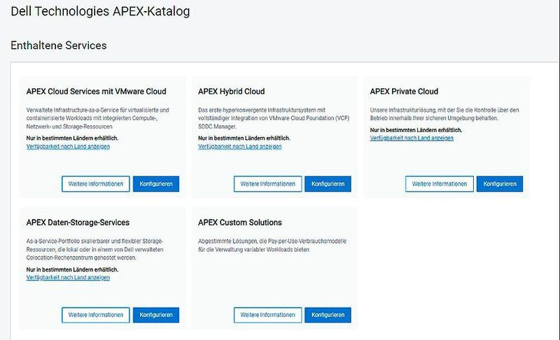 Abbildung 2: Diese APEX Cloud Services bietet der APEX-Katalog derzeit an. Backup-Services sind geplant. (Dell Technologies)