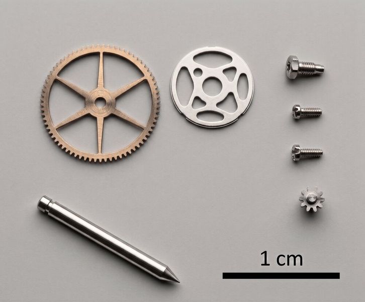 Gamme typique de pièces pour les tours automatiques à poupée mobile Hanwha : engrenages, pignons, arbres, et vis de précision de très petit format, fabriqués pour l'industrie horlogère et la technique médicale. (Source : Osterwalder Werkzeugmaschinen AG)