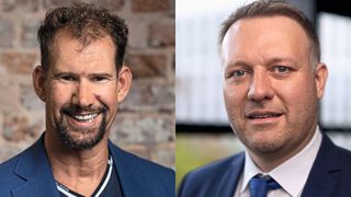 Infomedia hat Veact übernommen. Im Bild: Jens Monsees, CEO, Infomedia, und Philipp Posselt, CEO, Veact. (Montage:VCG; Bilder: Veact/Koshka Media/Diana Shypula)
