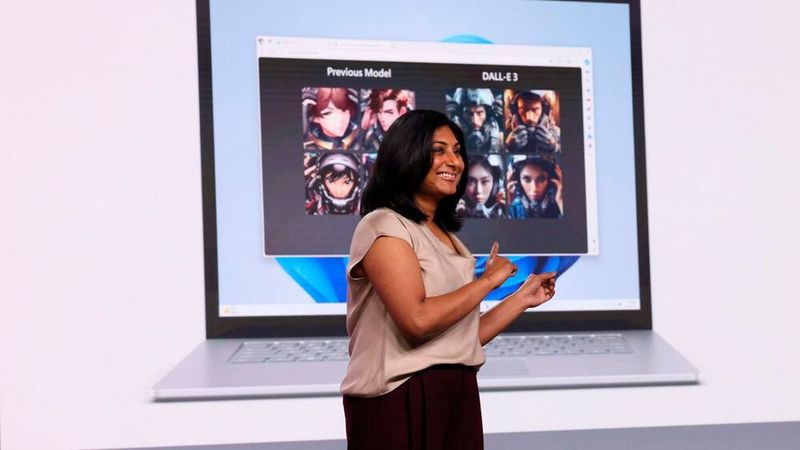 Am 21. September 2021 präsentiert Microsoft mit Copilot den neuen KI-Wegbegleiter (auf der Bühne in New York damals Divya Kumar, Microsoft General Manager of Search and AI Marketing). (Bild: Microsoft)