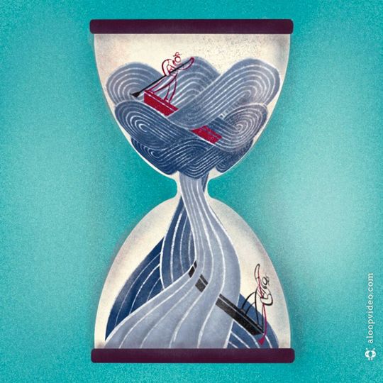 Künstlerische Darstellung eines Gondoliere, der in einer Quantenüberlagerung von Zeitflüssen gefangen ist Künstlerische Darstellung eines Gondoliere, der in einer Quantenüberlagerung von Zeitflüssen gefangen ist