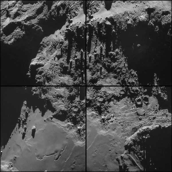 Montage aus vier Einzelaufnahmen, die die Navigationskamera an Bord der Raumsonde Rosetta am 18. Oktober 2014 vom Kometen 67P/Churyumov-Gerasimenko gemacht hat. Sie entstanden aus etwa 7,9 km Entfernung zur Oberfläche des Kometen. (Bild: ESA)
