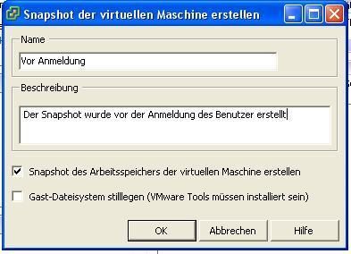 Nun wird der Assistent zur Erstellung des Snapshot gestartet. Dieser verlangt zu Beginn einen Namen für den Snapshot. Unter dem Feld „Beschreibung“ können Sie weitere Informationen zu dem Snapshot erfassen. Ferner können Sie nun festlegen, ob Sie den Snapshot für den Arbeitsspeicher erstellen wollen und das Gast Dateisystem dabei stillgelegt werden soll. Durch Druck auf „OK“ beenden Sie den Assistenten und veranlassen die Erstellung des Snapshots. (Archiv: Vogel Business Media)