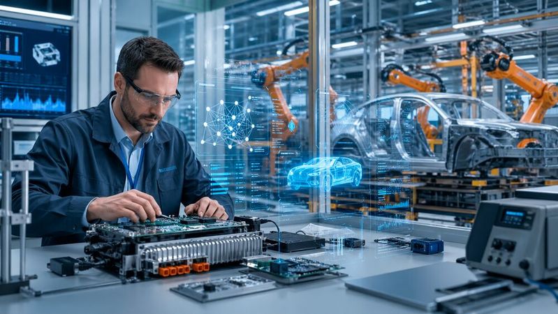 KI verändert den Alltag und den Arbeitsplatz. Dabei sind die Deutschen sehr gespalten, was den Einsatz künstlicher Intelligenz im Beruf betrifft. Bitkom-Präsident Dr. Ralf Wintergerst spricht sich dennoch für eine verstärkte Offenheit gegenüber des Einsatzes aus. Schließlich habe gerade der Nutzen von KI in Simulation und Modellierung die Entwicklung neuer Fahrzeuge in der chinesischen Automobilbranche drastisch verkürzt.(Bild:  Dall-E / KI-generiert)