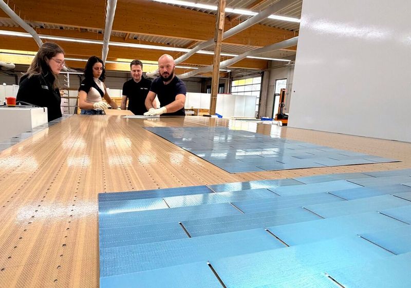 Bryan Mazor, CTO bei Source Energy, mit Kolleginnen und Kollegen am industriellen Schindel-Matrix-Stringer der Firma M10 Solar Equipment GmbH. (Bild: M10 / Stéphanie Pigot)