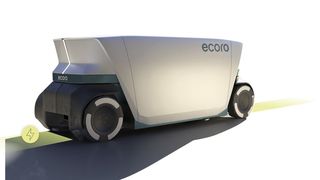 Die AGV (hier eine Einzelanimation) fahren im Tunnel mit zwei Spuren (Redundanz) unterhalb der Fahrbahn palettierte Ware in Zügen in Betonmodulen. (Bild: Ecoro)