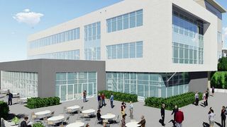 Die Fotomontage zeigt den geplanten Neubau des Verwaltungsgebäudes in Fort Mill (USA). Dort entsteht ein Konferenzzentrum mit Büroräumen und einem Betriebsrestaurant. (Bild: Schaeffler)