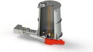 Der Pastenbunker mit Verteilrechen oben für die gleichmäßige Befüllung wird über eine Zentralwelle gemeinschaftlich über den Ausräumer von unten angetrieben. (Bild: Segler Förderanlagen)