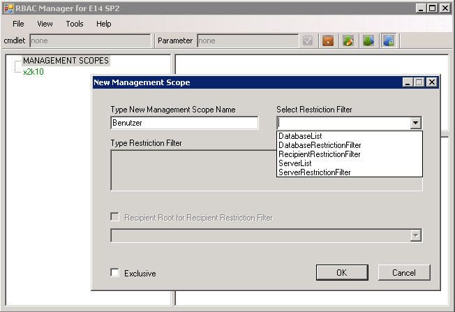 Erteilte Rechte lassen sich in Exchange Server 2010 auf einzelne Bereiche (Management Scopes) einschränken. Das können zum Beispiel Domänen, Datenbanken oder einzelne Exchange-Server sein. Auch hierzu gibt es im RBAC-Manager einen eigenen Arbeitsbereich. (Archiv: Vogel Business Media)