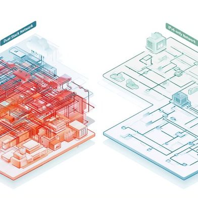 Der parallele Betrieb von IPv4 und IPv6 erhöht die Komplexität moderner Netzwerke erheblich. IPv6-only-Architekturen versprechen dagegen klarere Strukturen – setzen jedoch konsequente Migrationsstrategien voraus. (Bild: Midjourney / KI-generiert)