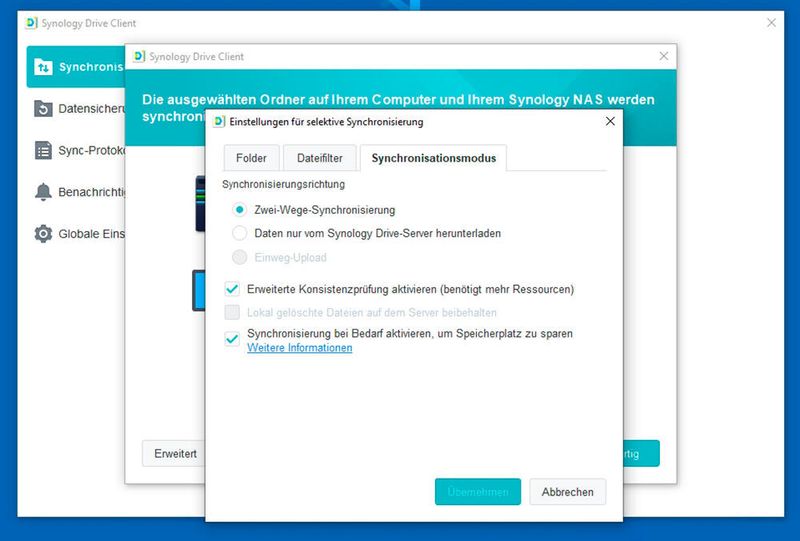 Die Synchronisierung ermöglicht zwei-Wege-Abgleich oder das Synchronisieren in einer Richtung. (Joos/Synology)