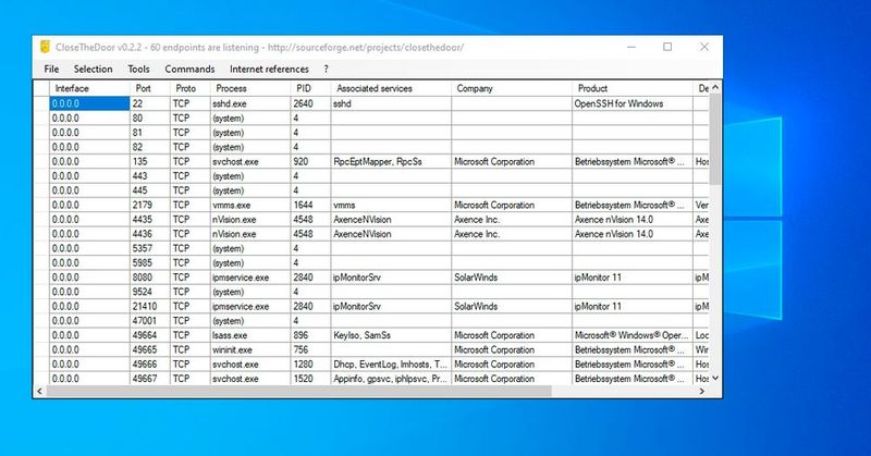 Das Tool Close-the-Door zeigt geöffnete Ports in Windows an und hilft dabei, Lücken zu schließen. (Bild: Joos - SourceForge / MatSpoon)