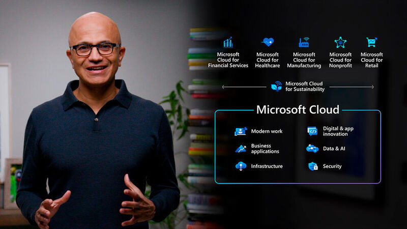 Microsofts CEO Satya Nadella begrüßt die Online-Besucher in seiner Keynote und überrascht sie mit einem bunten Strauß Neuheiten.  (© Microsoft / Matzer)