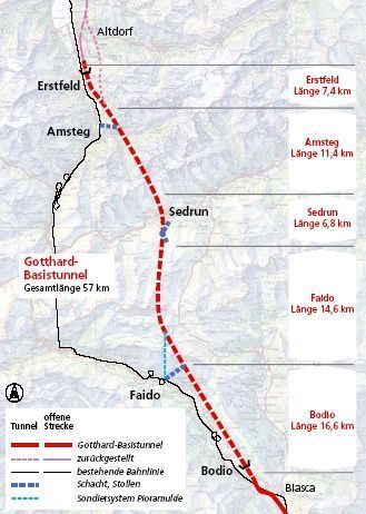 Das Projekt Gotthard-Basistunnel zwischen den Portalen Erstfeld im Kanton Uri und Bodio im Kanton Tessin. (Archiv: Vogel Business Media)