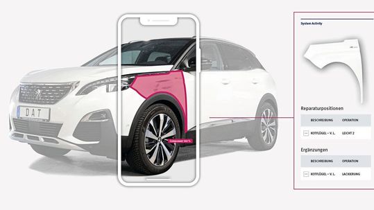 Die neue Anwendung „Fast Track AI“ der DAT basiert auf künstlicher Intelligenz und dient zur Erfassung von Karosserieschäden.(Bild:  DAT)