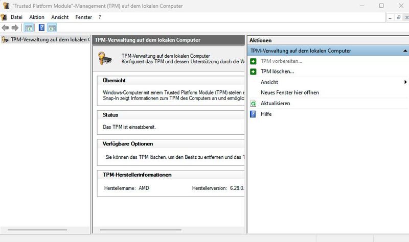 Die TPM-Verwaltung meldet ein einsatzbereites Trusted Platform Module des Herstellers AMD, die Hardwarebasis für die Schlüsselbindung von Windows Hello for Business. (Bild: Joos)