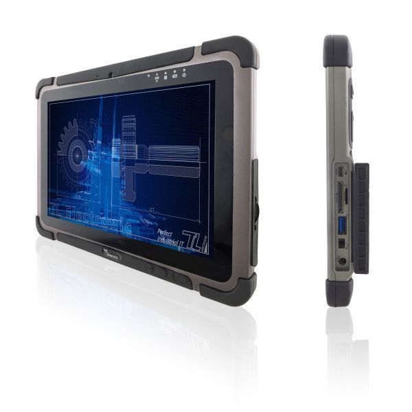 TL Electronic: Der Tablet-PC M101H mit allseitiger IP65-Schutzart für Einsatztemperaturen von -10 bis +50 °C im Batteriemodus und von -20 bis +60 °C im AC-Modus.  (TL Electronic)