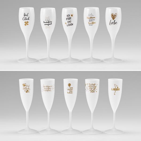 Die Sektgläser „CHEERS“ (mit Druck) haben ebenfalls eine Auszeichnung bekommen. Scherben bringen nicht immer Glück. Bei Outdoor-Events, in Clubs, am Strand oder auf dem Boot darf es gern ein stylisches, aber unempfindlicheres Glas sein. Die Sektgläser „CHEERS“ von Koziol (original, oben) aus thermoplastischem Kunststoff sind so ein Alleskönner: Extrem langlebig und nahezu unzerbrechlich, 100% recycelbar - und das hochwertige Material isoliert 4x besser als Glas. Das hatte 2021auch der Lebensmittel-Discounter NORMA (Fälschung, unten) überzeugt. Genau diese fünf bedruckten Koziol-Sektgläser wurden wochenlang erfolgreich vertrieben. Ein erneutes Angebot in 2023 wurde abgelehnt, man „komme preislich nicht klar“. Auf ein Angebot in 2025 folgte gar keine Antwort. Dafür eine Überraschung: Ab 8. Dezember 2025 hatte NORMA stattdessen die 5 optisch sehr ähnlichen Nachahmungen aus Spanien mit exakt denselben Sprüchen im Angebot - für weniger als ein Drittel des Originalpreises: Euro 3,99 für 2 Sektgläser statt Euro 6,95 für 1 Sektglas. Dafür jetzt instabil, aus billigstem Plastik und nicht recycelbar.	 (Bild: Aktion Plagiarius e.V.)