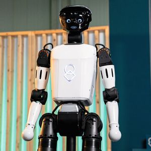 Humanoider Prototyp uMe: United Robotics Group zeigt auf der CES 2026 erste Kernfunktionen wie sprachbasierte Interaktion, sensorbasierte Wahrnehmung (Kameras, Tiefensensorik, Mikrofonarray) und die Anbindung an die Plattform uGo+.(Bild:  United Robotics Group)