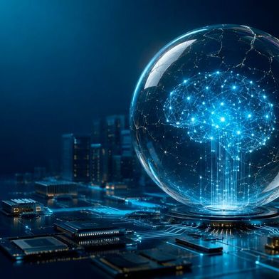 Symbolic image: Data centers, chips, and circuit boards represent the real AI infrastructure—the fragile bubble represents the high expectations for its continued growth. (Image:Dall-E / AI-generated)