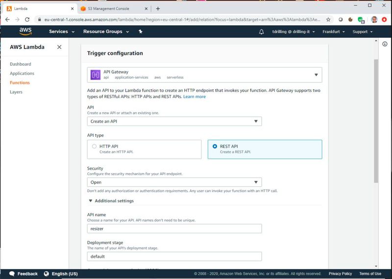 Der API-Name lautet unserem Projekt entsprechend resizer, um ihn mit der zugehörigen Lamba-Funktion in Verbindung zu bringen.