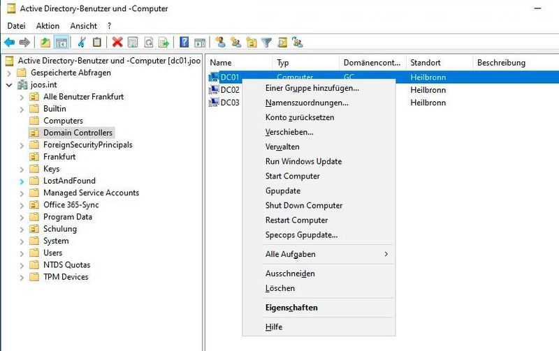 Das Kontextmenü von Computern nach der Installation von GPUpdate wird erweitert. (Joos / Specops Software)