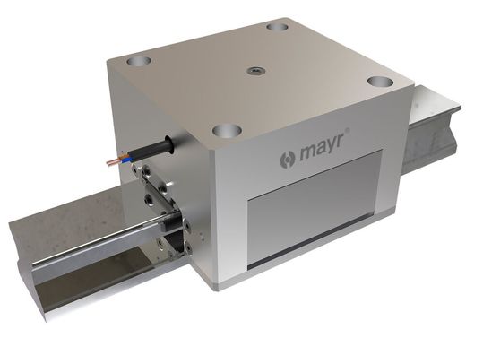 Die spielfreie Sicherheitsbremse Roba-Guidestop wirkt direkt auf die bewegten Massen der Vertikalachsen. Sie bietet damit hohe Sicherheit und minimiert das Gefährdungsrisiko von Personen.(Bild:  Mayr Antriebstechnik)