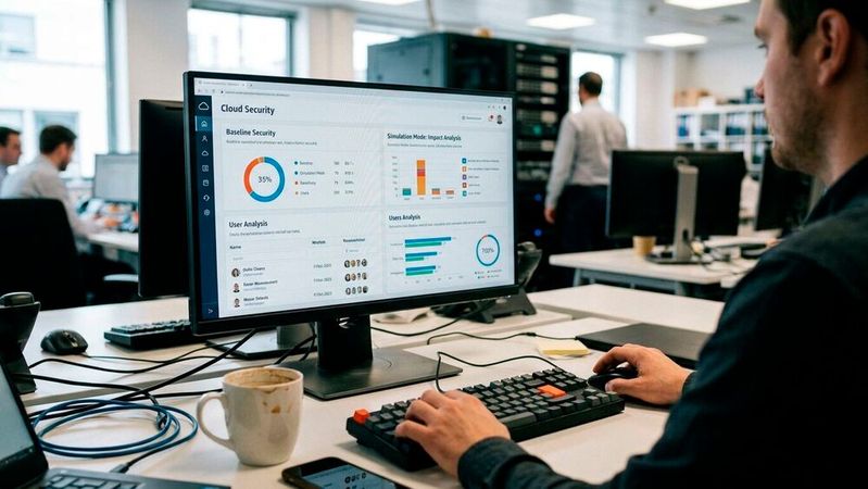 Kuratierte Sicherheitsregeln lassen sich per Klick auf Microsoft 365 und Azure anwenden. Ein Simulationsmodus zeigt vorab, welche Nutzer und Anwendungen betroffen wären.(Bild:  Gemini / KI-generiert)