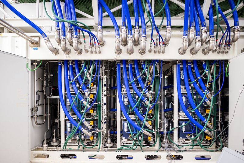 Die Wärme, die von den 125‑Kilowatt‑Brennstoffzellen erzeugt wird, muss zu den Kühlern und Lüftern auf den Schiffscontainern abtransportiert werden; diese Aufgabe übernehmen die blauen, mit Kühlmittel gefüllten Schläuche in einem geschlossenen Kreislauf.  (Bild: John Brecher/Microsoft)
