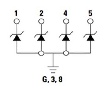 Abbildung 5: TVS-Diodenarray zur Unterdrückung von Spannungstransienten auf vier Hochgeschwindigkeits-Datenleitungen.(Bild:  Littelfuse)