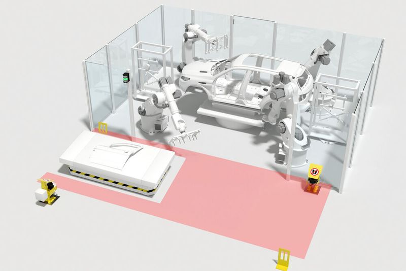 Sensorexperte Leuze zeigt mit Produktneuheiten für die Intralogistik, wie Übergabestationen von Robotern an fahrerlose Transportsysteme mit dem Leuze Sicherheits-Laserscanner RSL 400 sicherer werden können. SPS 2023: Halle 7A, Stand 230.  (Bild: Leuze)