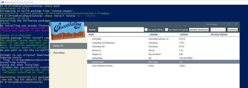 Das paketierte Tool lokal in der Chocolatey-GUI.